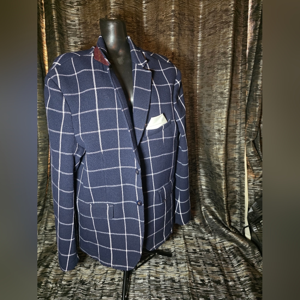 Zara Blue and White Sport Coat with Windowpane Pattern